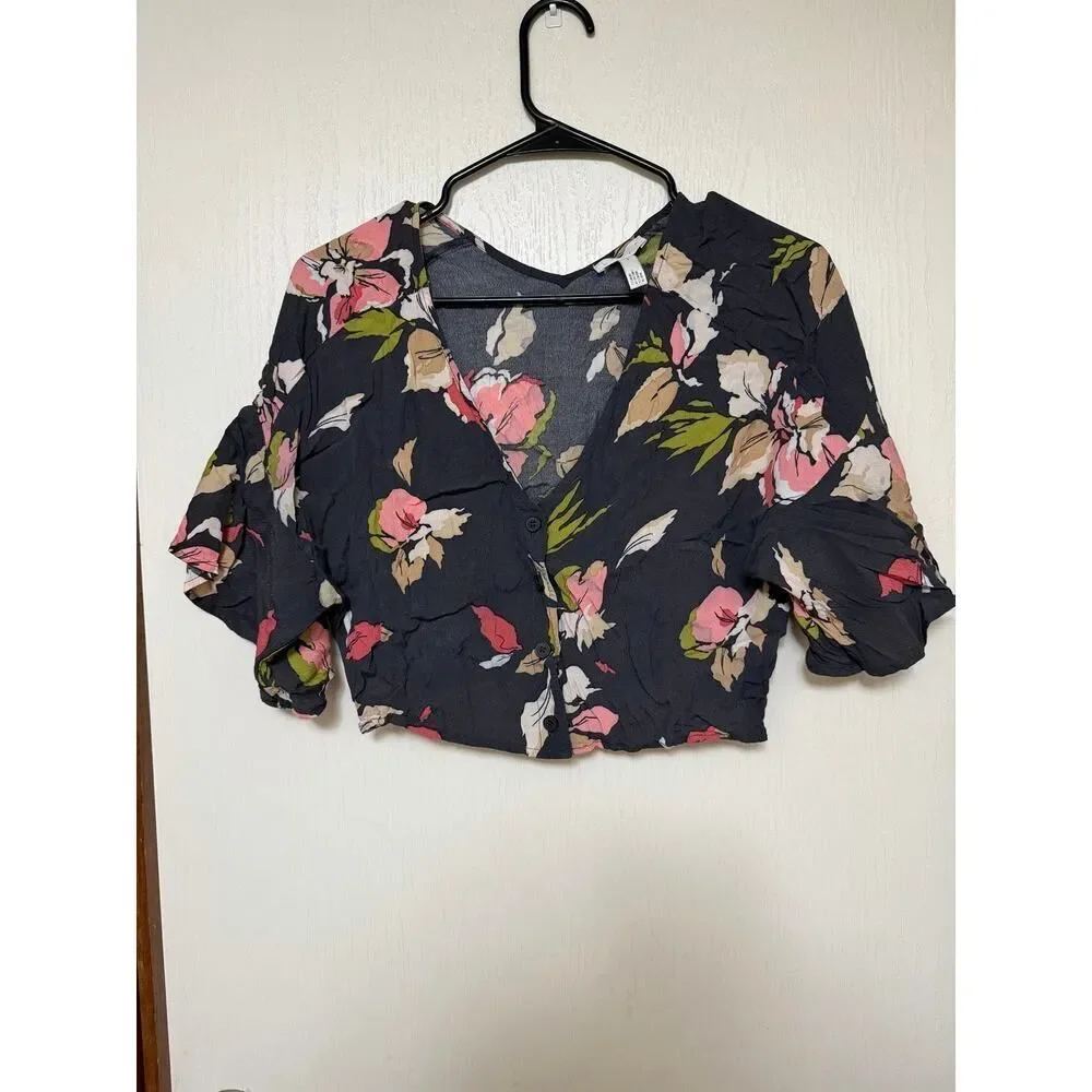 Leith Floral Print Ruffle Short Sleeve Crop Top Size Small